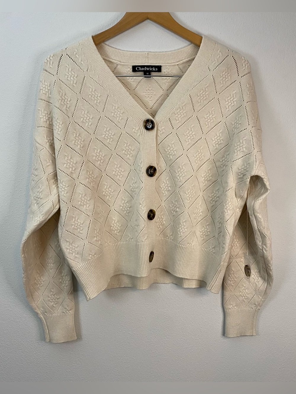 Chadwick’s Tan Neutral V-Neck Cardigan Sweater Button Up Knit Diamond Pattern M